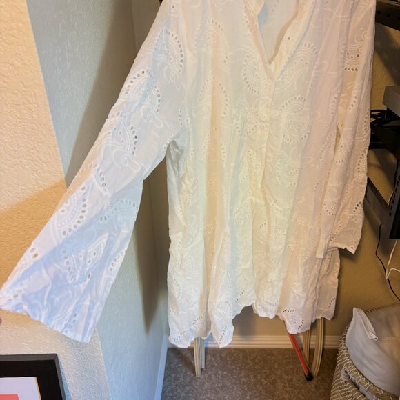 Women's White Embroidery Lace Shirt Dress Eyelet - Picture 4 of 5